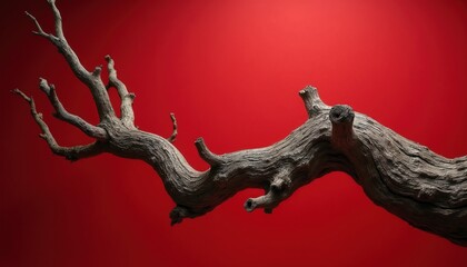 Obraz premium Twisted gnarled dry wood branch lies on vibrant red background. Organic texture, abstract nature concept. Minimalist art, unique shape, weathered bark.