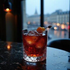Obraz premium Crimson-brown Boulevardier cocktail rests on dark stone table. City skyline visible through window with bokeh lights and rain. Glass has ice cubes and orange garnish.