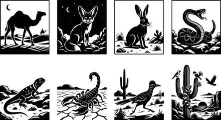 Desert animal silhouettes with camel, fennec fox, jackrabbit, rattlesnake, lizard, scorpion, roadrunner, and cactus vector set © MstAlifnur