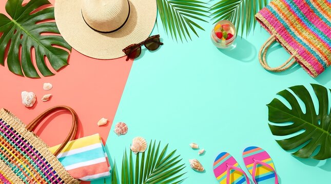 Vibrant summer vacation accessories arranged neatly on a colorful split background featuring straw hats tropical leaves and bright beach items