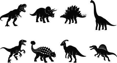 Dinosaur silhouettes featuring Tyrannosaurus, Triceratops, Stegosaurus, Brachiosaurus, Velociraptor, Ankylosaurus, Parasaurolophus, and Spinosaurus © MstAlifnur