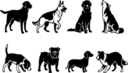 Dog breed silhouettes with Labrador, German Shepherd, Golden Retriever, Husky, Beagle, Bulldog, Dachshund, and Border Collie © MstAlifnur