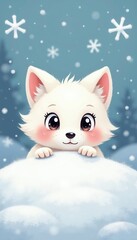 Naklejka premium Cute cartoon white fox peeks out from snowdrift on winter day. Fluffy animal with big eyes sits on white snow. Snowflakes fall gently around cute fox.