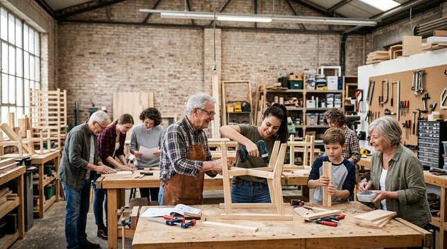 Diverse group of people, including men, women, and a boy, working together in a woodworking shop