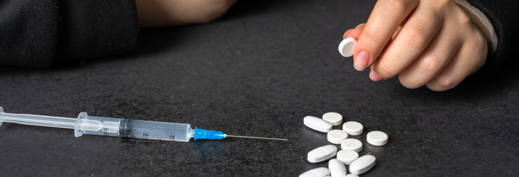 Conceptual image representing addiction to psychotropic medication and narcotics, portraying dependency, mental health struggle, substance abuse, and the impact on daily life and well-being.