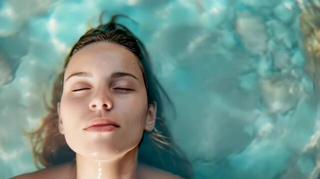 A woman floats peacefully in the water, her eyes closed, bathed in sunlight. She seems relaxed and tranquil, creating a serene and calming atmosphere. The water is so clear.