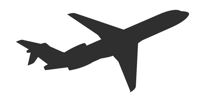 Dark gray airplane silhouette in mid-flight on transparent background