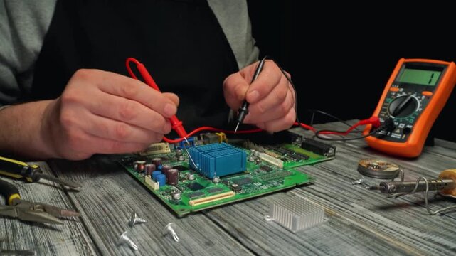Technician uses multimeter to test electronic circuit board components with tools and screws on wooden workbench in a well-lit indoor setting