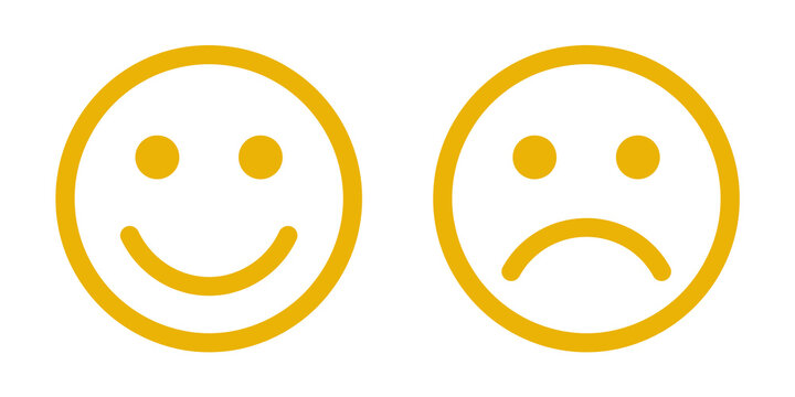 Smiling and frowning faces in yellow on transparent background