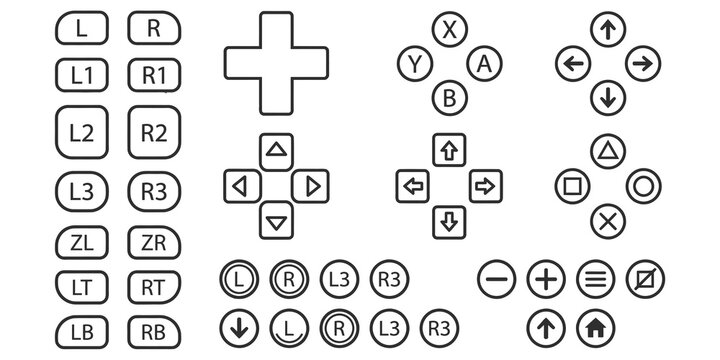 Gray gaming controller buttons and symbols on transparent background