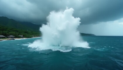 Obraz premium Huge water explosion erupts in ocean near tropical island coast. Dark stormy clouds loom over lush green mountains and beach houses. Waves crash violently under dramatic sky.
