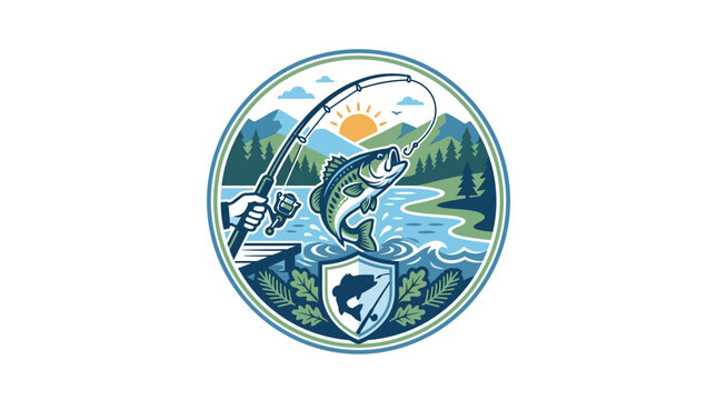 Circular fishing landscape emblem with jumping trout fish.