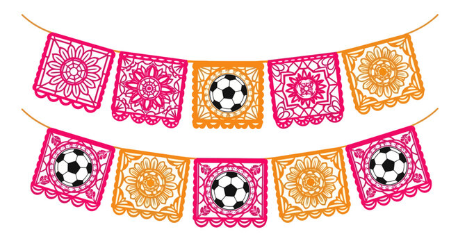 Colorful paper banners with soccer balls.