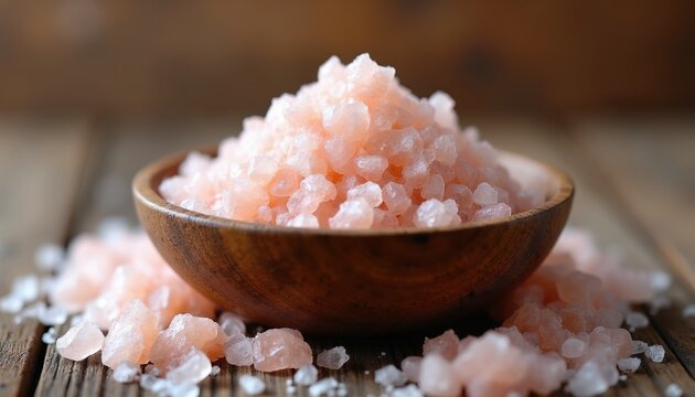 Pile of pink himalayan salt crystals in wooden bowl. Coarse salt scattered on rustic wood surface. Natural mineral seasoning for cooking spa treatments health.