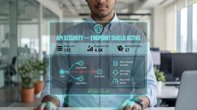 Professional specialist using API security dashboard showing blocked attacks, authentication protection and rate limiting controls in modern office