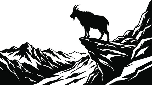 Mountain goat standing on a rocky cliff edge in the mountains, vector illustration editable vector file isolated on transparent background