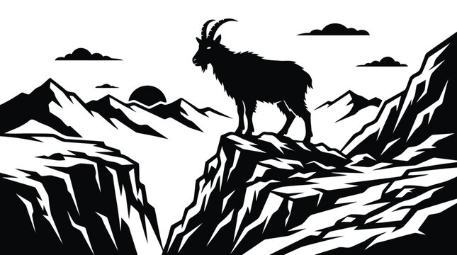Mountain goat standing on a rocky cliff, vector illustration of a wild animal in the mountains, black and white landscape design editable vector file isolated on transparent background