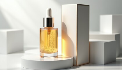 Fototapeta premium Glass serum bottle with dropper cap and golden liquid inside. Luxurious skincare cosmetic product on white podium with abstract background. Beauty wellness brand packaging.