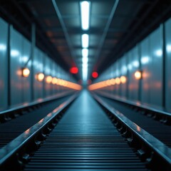 Fototapeta premium Empty train tracks stretch into dark tunnel with glowing lights above, on sides. Futuristic metro subway passage with repeating illumination vanishing point perspective. Transportation infrastructure