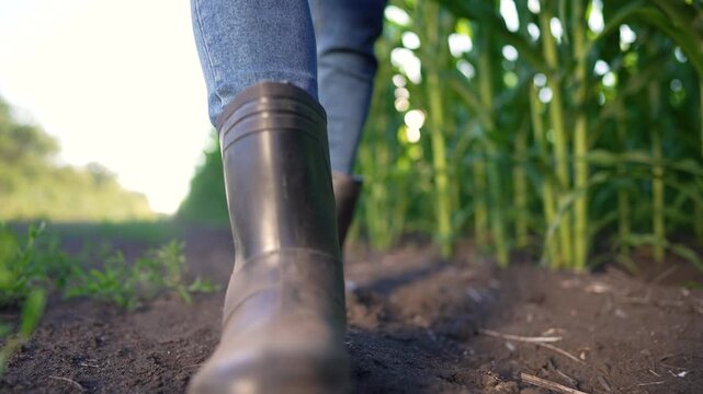 Farmer wearing rubber boots walking through corn field. Person in wellington boots steps on farm soil. Agricultural worker in cornfield. Farming boots on dirt path between corn crop rows.