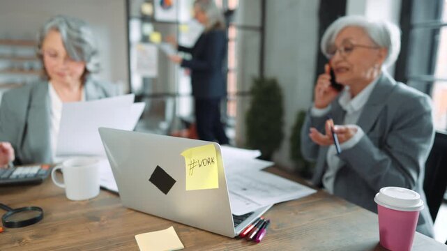Three senior women working in office, teamwork and strategic thinking in company . Working day in office, multitasking ladies workers calling by phone and checking papers, professional accountants