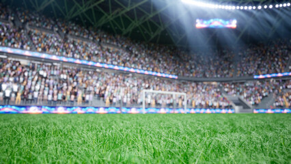 3D illustration of football stadium pitch with passionate fans in background supporting team, soccer grass field computer graphics and spectators filling sports arena stands during big game night. © DC Studio