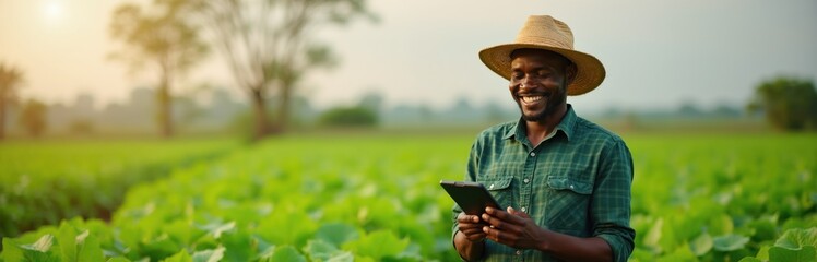 Fototapeta premium Smiling African farmer in straw hat uses tablet computer in green organic plantation field. Modern agriculture tech helps cultivate crops successfully. Man checks farm data.