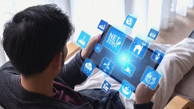 Net zero and sustainability concepts with environmental balance, digital sustainability icons, green energy goals, and eco-conscious digital business transformation for the future. Gist