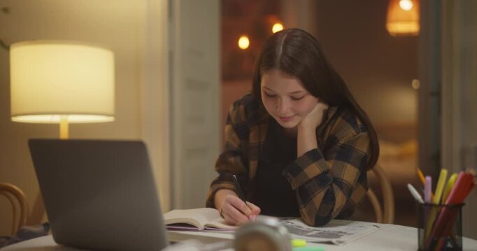Focused woman writing notes beside a laptop in a cozy indoor workspace