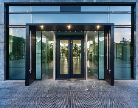 glass entrance door shopping center mall entrance automatic doors with reflection and black frame