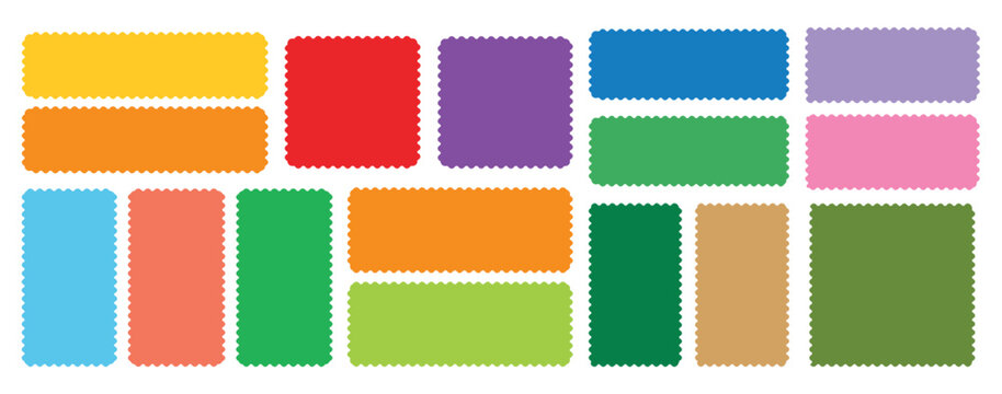Collection of colorful scalloped edge rectangles and squares on white background