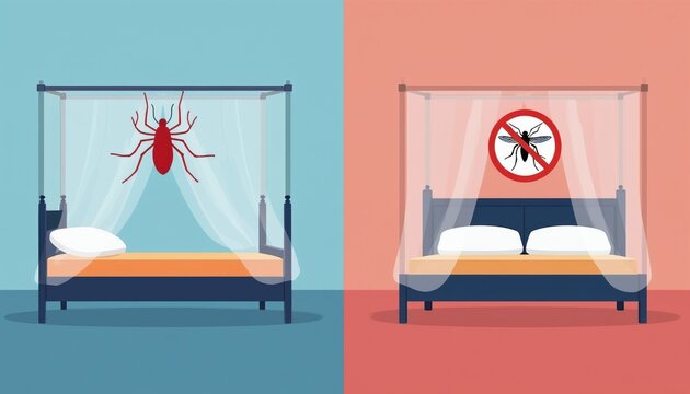 Illustration shows bed with mosquito net versus bed without. One side has large red mosquito, other side shows stop sign with mosquito symbol for pest prevention.
