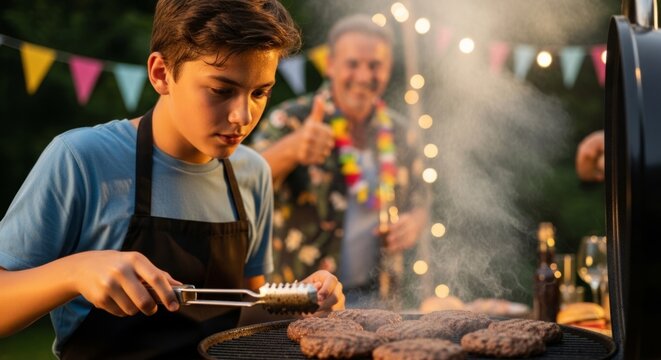Teenage boy grilling burger patties with dad giving thumbs up at backyard summer cookout with string lights