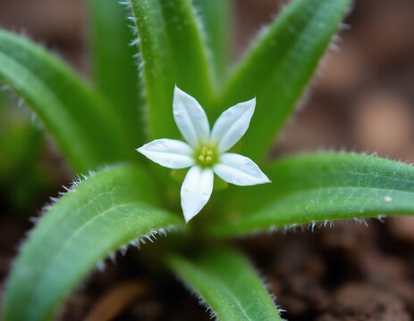 Tiny white star flower blooms on hairy green leaves. Borreria latifolia small plant grows on ground. Macro photo shows delicate petals, leaf texture.