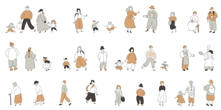 Family and Community People Set | 34 Diverse Vector Characters_Soft Apricot and Gray