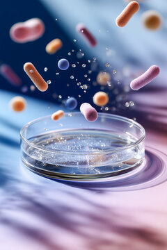 Scientific view of a glass petri dish with clear liquid and colorful capsule bacteria or microbes flying above, isolated on a soft pastel blue and purple background