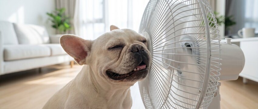 Funny French bulldog with closed eyes pressing face to electric fan, cute pet cooling down in hot summer living room, relief from heat