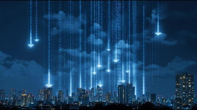 abstract cloud social media innovative cyber security network, using interconnected nodes to represent business partnerships on the Smart digital Innovation city with connection network reciprocity ov