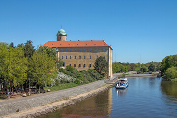 The castle and the Elbe River embankment in the spa town of Podebrady, Czech Republic © flycatdesign