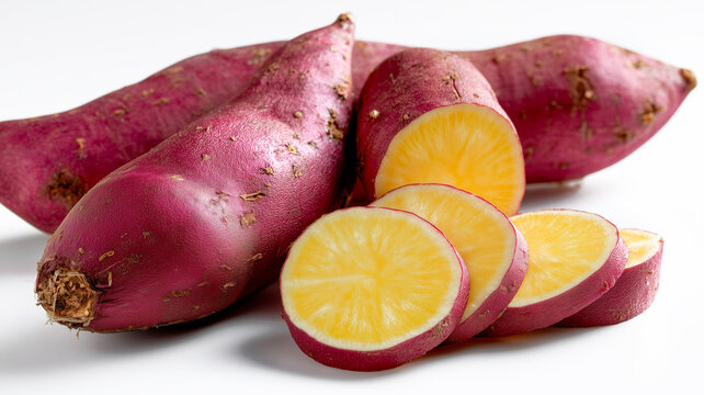 Fresh raw sweet potato with purple skin and vibrant yellow flesh, whole and sliced round pieces, isolated on a white background