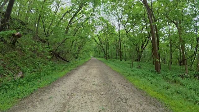 Immersive POV from a bike ride on KATY trail near Hermann, Missouri - springtime morning after heavy storm