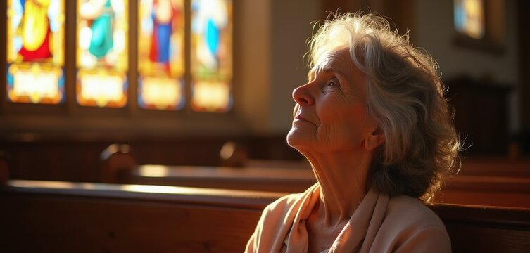 Elderly woman with gray hair sits in church pew looking up at stained glass windows. Sunlight illuminates her face, suggesting prayer or contemplation. Peaceful spiritual moment.