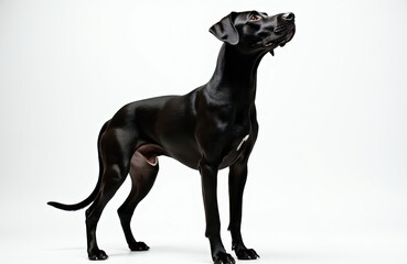 Fototapeta premium Elegant black dog stands on white background looking up. Sleek coat, muscular build. Full body shot, side view. Loyal pet pose. Isolated studio animal.