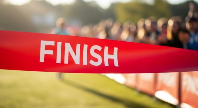 Red FINISH line ribbon with blurred crowd celebrating at a running event, symbolizing achievement and victory