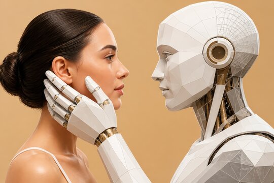 Human robot interaction with woman and humanoid android in profile