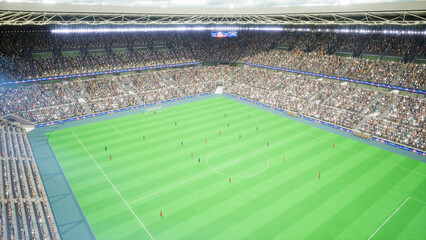 3D illustration of football players running across stadium field during sunny daytime match. © DC Studio