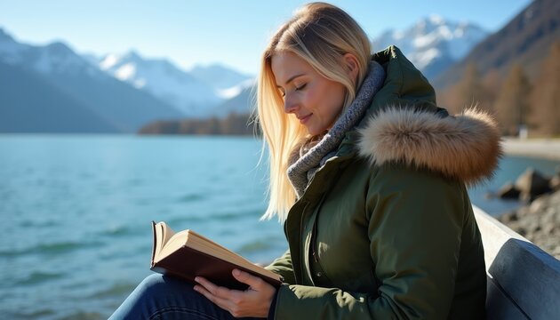 Young woman reads book by calm lake and snowy mountains. She wears warm winter coat enjoying quiet outdoors time. Peaceful solo moment on sunny day.