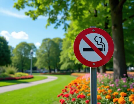 No smoking sign stands in beautiful park with green grass, vibrant flowers, tall trees under clear blue sky. Sign indicates smoke-free public space promoting healthy outdoor recreation for everyone.