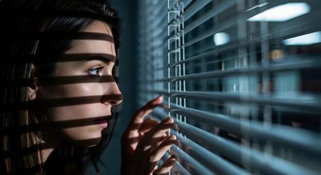 Woman peering through blinds with dramatic shadow lighting, conveying suspense and intrigue