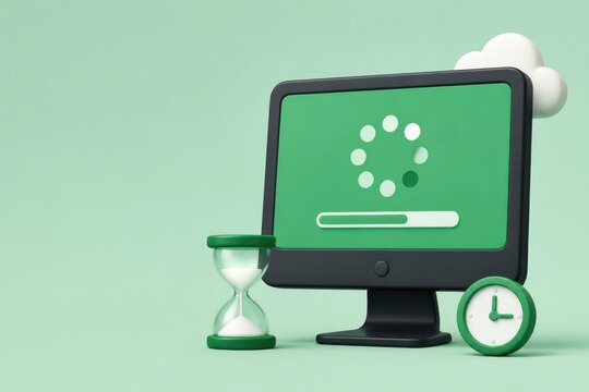 Loading screen on computer with hourglass and clock 3D render